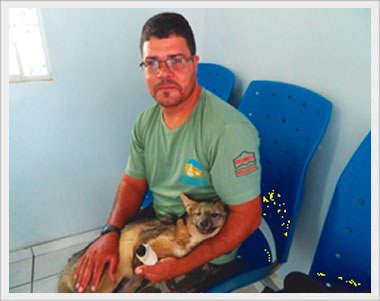 O guarda-parque Daniel segurando o animal ferido. Impressiona vivamente a confiança do animal silvestre no colo de quem tentava ajudá-lo. Não latiu, não rosnou. O único gesto foi tentar afastar delicadamente a mão da bióloga Aline, quando imobilizava a pata fraturada.